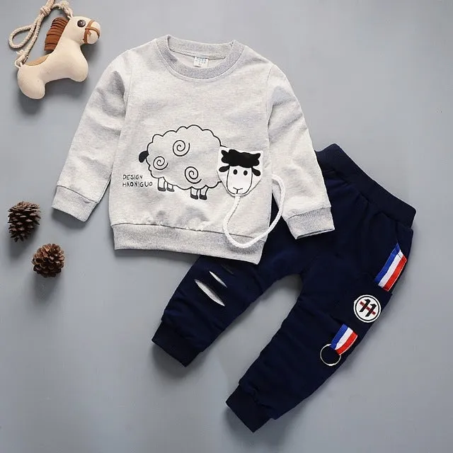 Unisex Cotton Long Sleeve Tracksuit T-Shirt Pants 2 Pcs/Suit