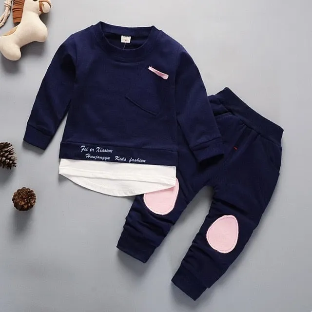 Unisex Cotton Long Sleeve Tracksuit T-Shirt Pants 2 Pcs/Suit