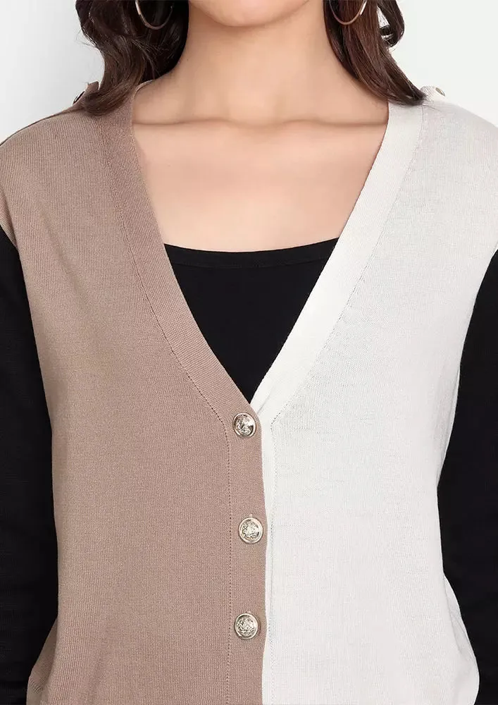 V-Neck Colorblock Crop Knit Cardigan