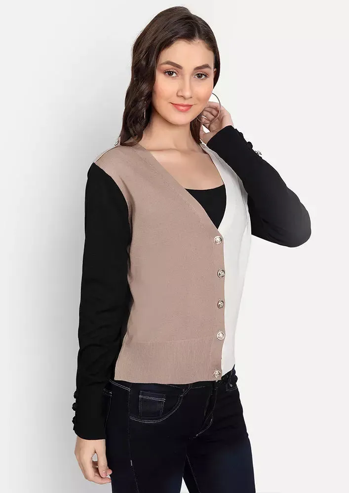 V-Neck Colorblock Crop Knit Cardigan