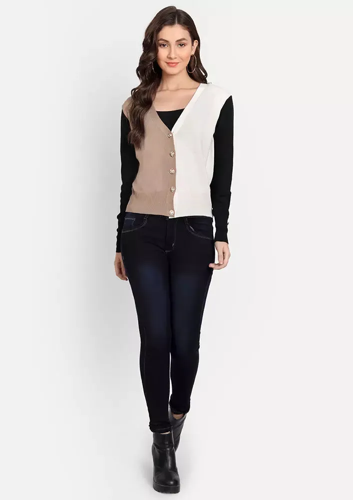 V-Neck Colorblock Crop Knit Cardigan