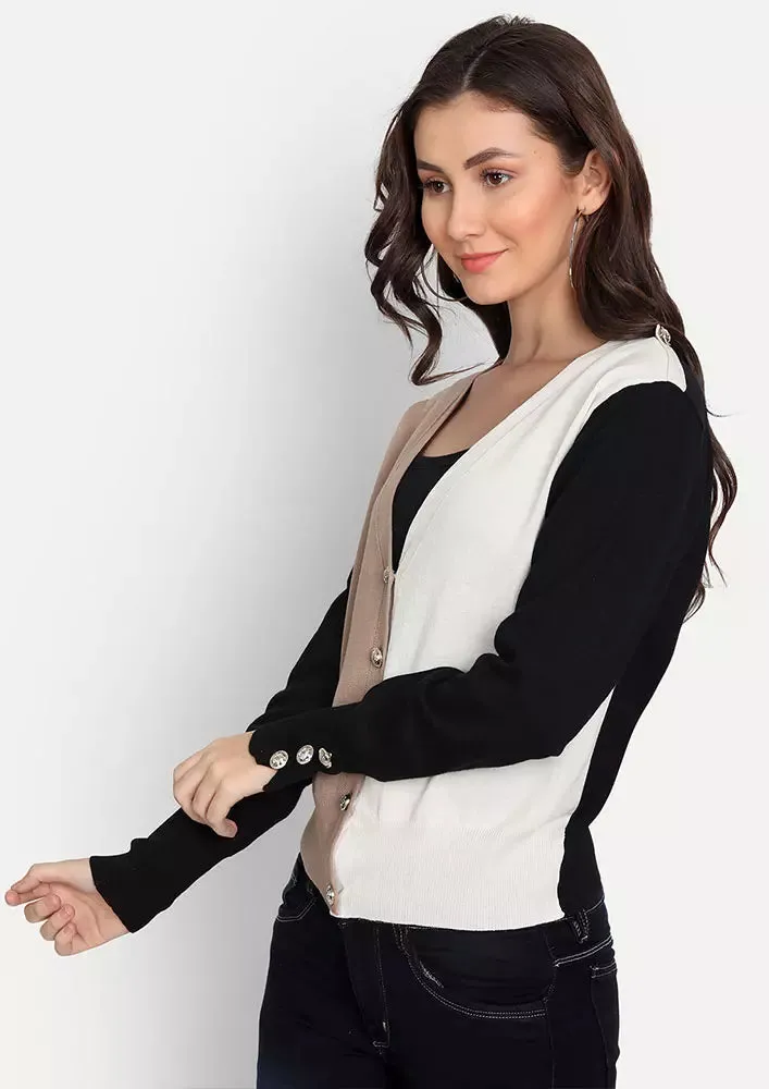 V-Neck Colorblock Crop Knit Cardigan