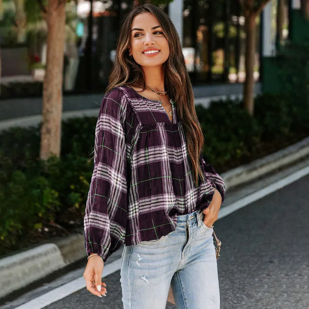 Warm Plaid Long Sleeve Shirt with V-Neck