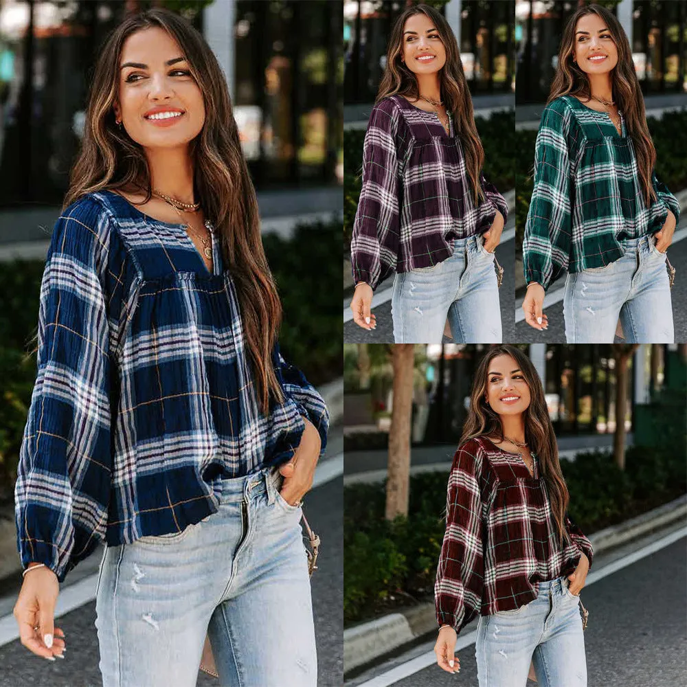 Warm Plaid Long Sleeve Shirt with V-Neck