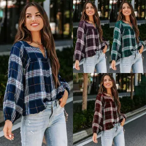 Warm Plaid Long Sleeve Shirt with V-Neck
