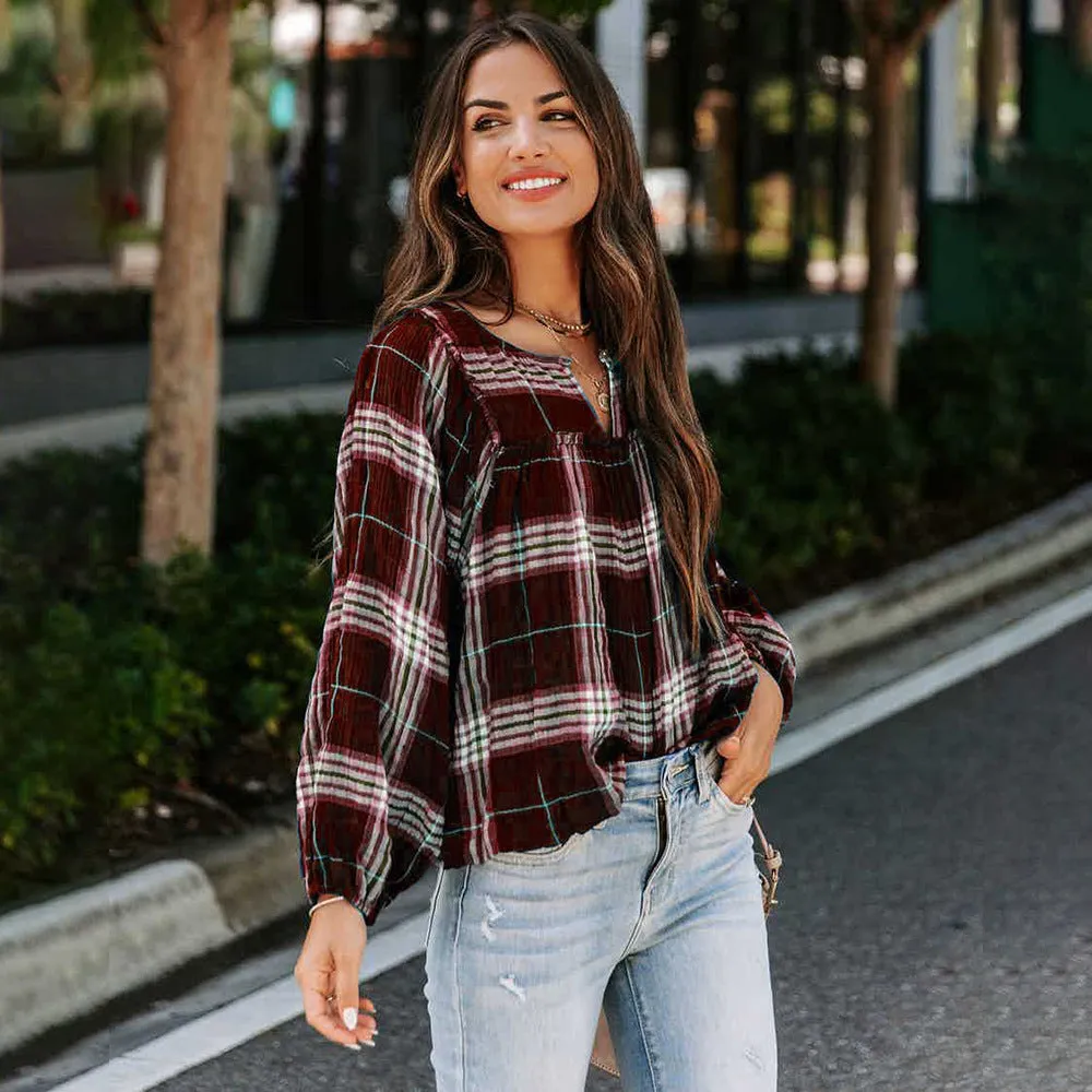 Warm Plaid Long Sleeve Shirt with V-Neck
