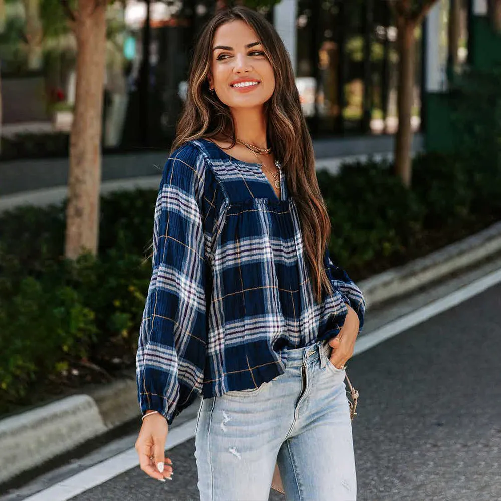 Warm Plaid Long Sleeve Shirt with V-Neck
