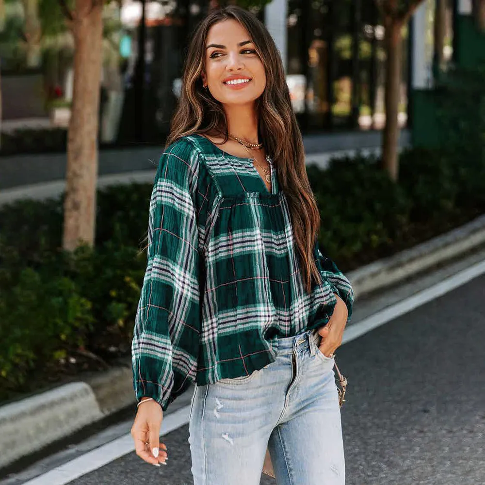 Warm Plaid Long Sleeve Shirt with V-Neck