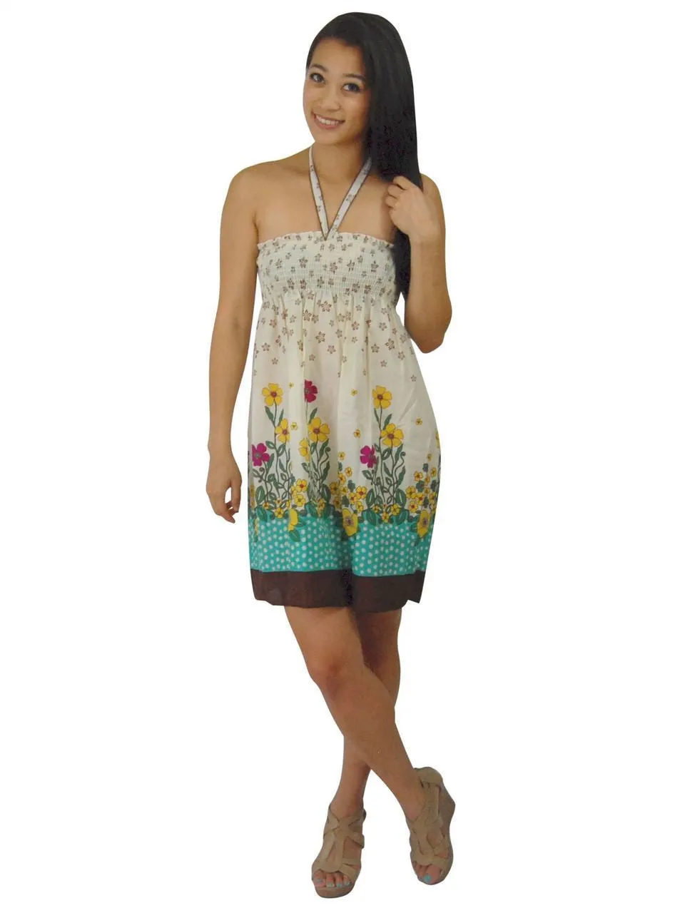 White Brown Teal Border Elastic Band Top Sundress