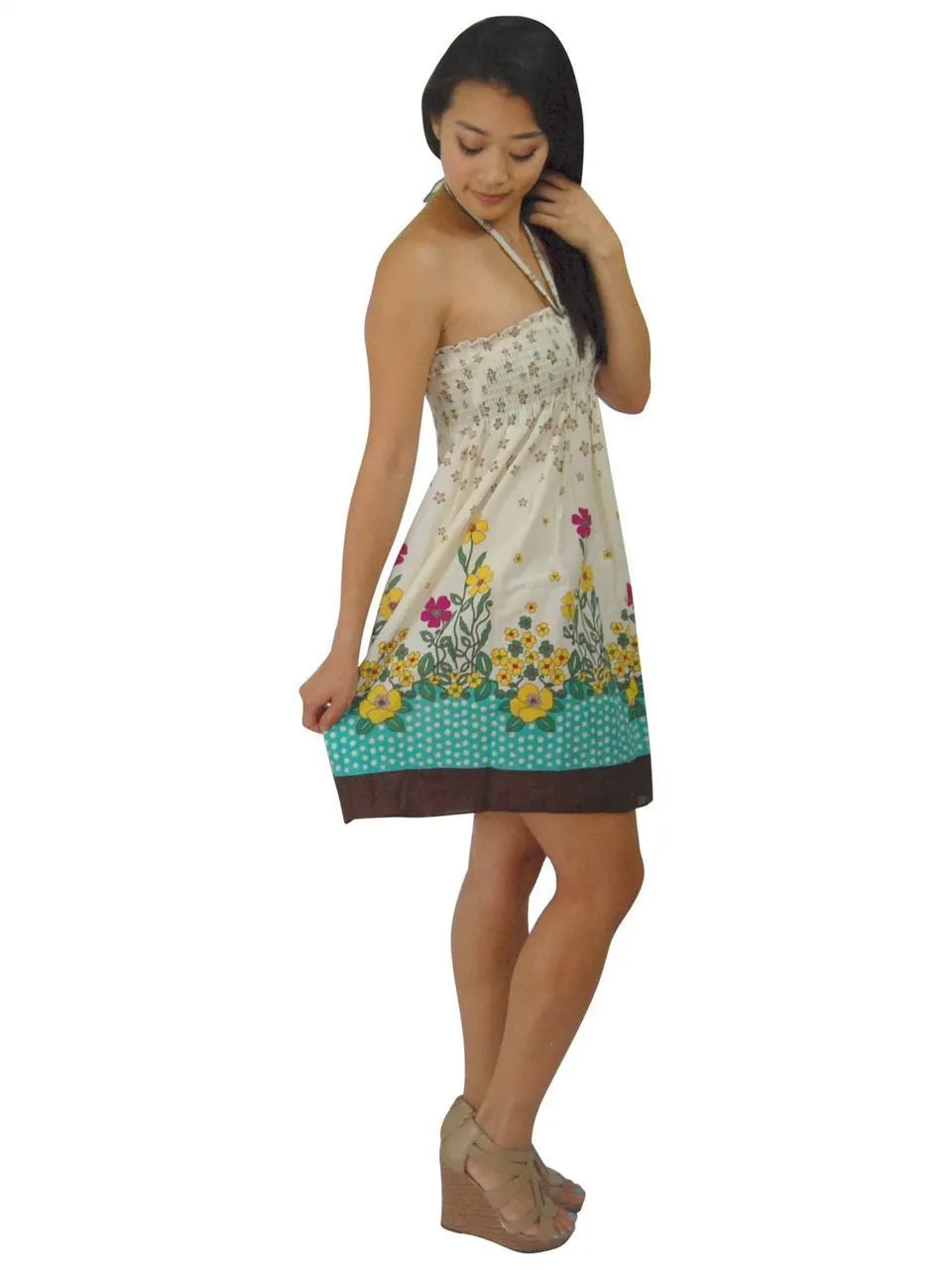 White Brown Teal Border Elastic Band Top Sundress
