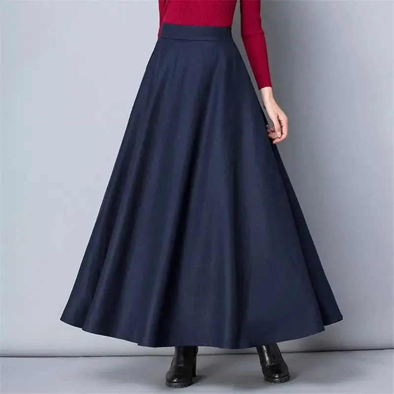 Winter Women Long Woolen Skirt Fashion High Waist Basic Wool Skirts Female Casual Thick Warm Elastic A-Line Maxi Skirts