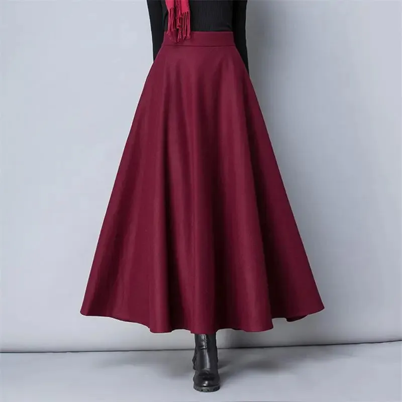 Winter Women Long Woolen Skirt Fashion High Waist Basic Wool Skirts Female Casual Thick Warm Elastic A-Line Maxi Skirts