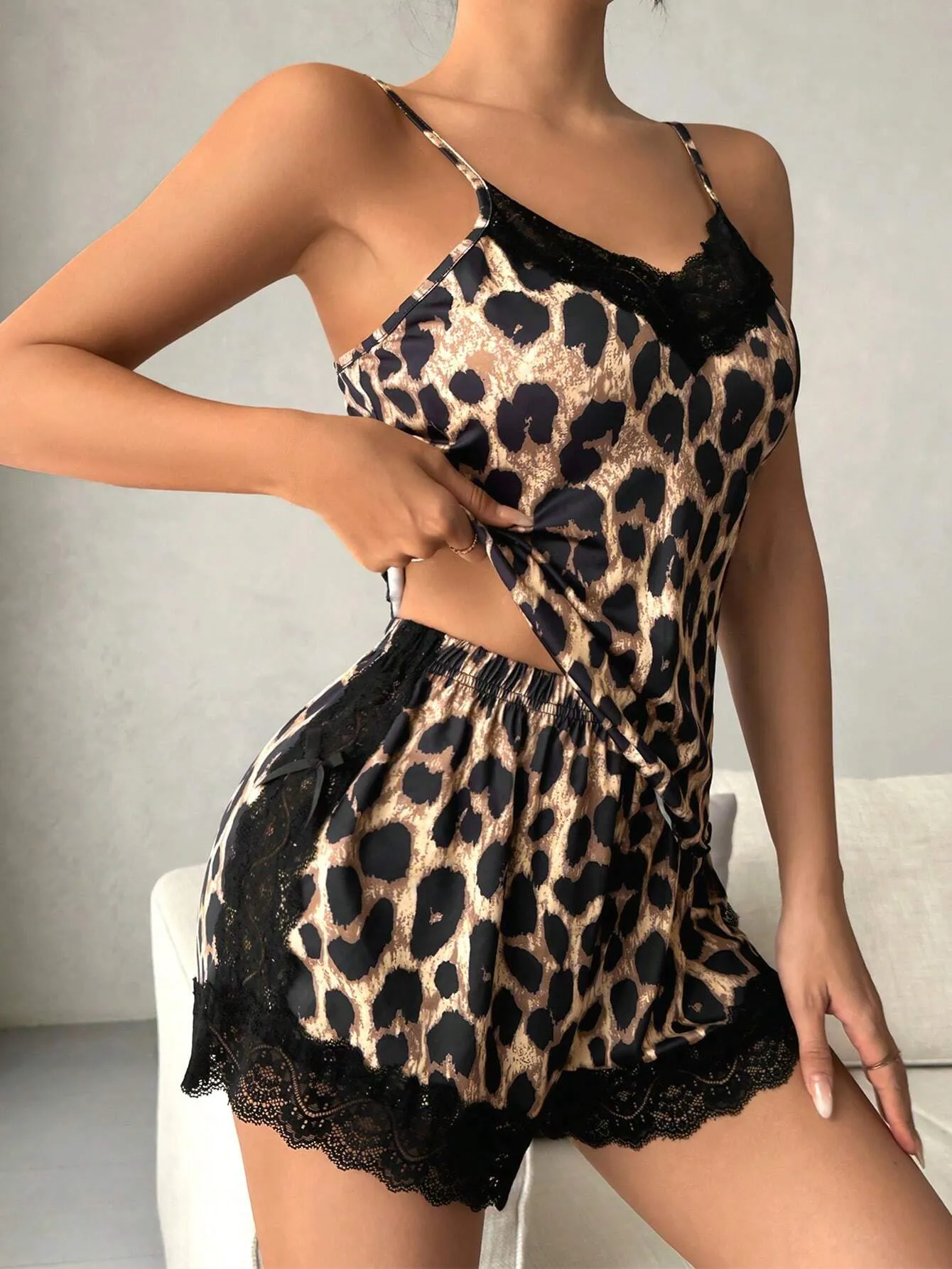 Women Leopard Print Lace Patchwork Camisole And Shorts Pajama Set