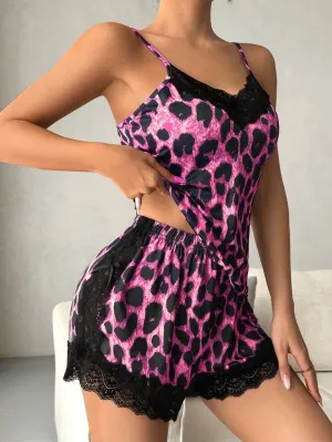 Women Leopard Print Lace Patchwork Camisole And Shorts Pajama Set