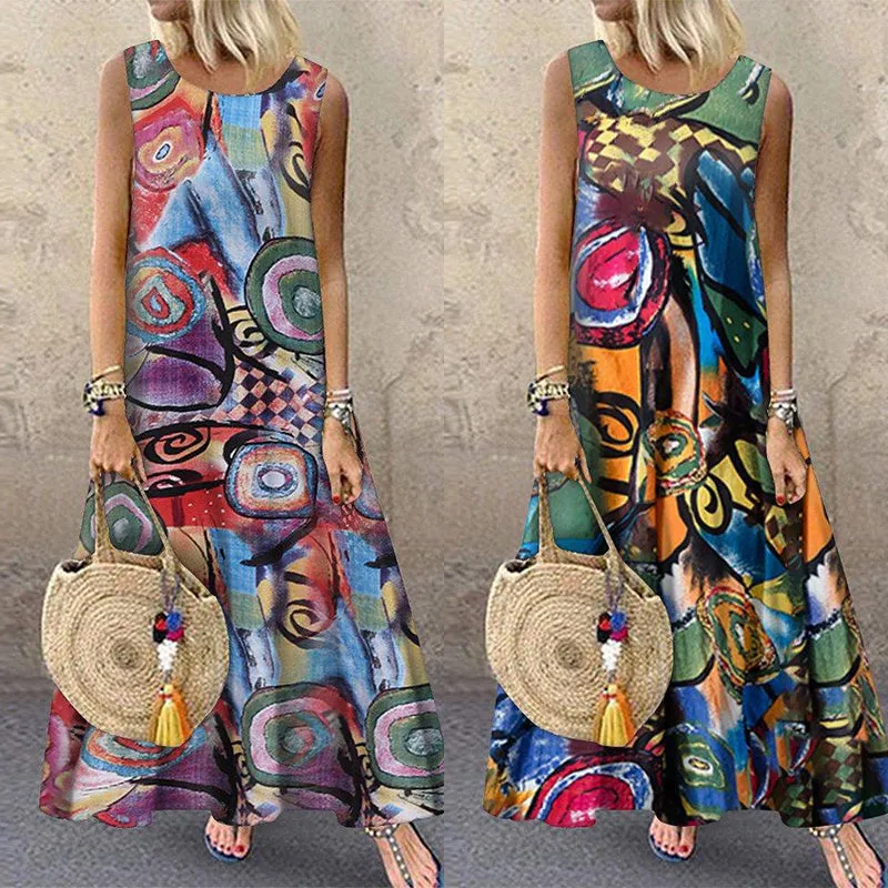Women Retro O-neck Floral Print Sleeveless Maxi Dress