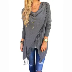 Women Tassel Slash Blouse Fashion Long Sleeve Tops lady