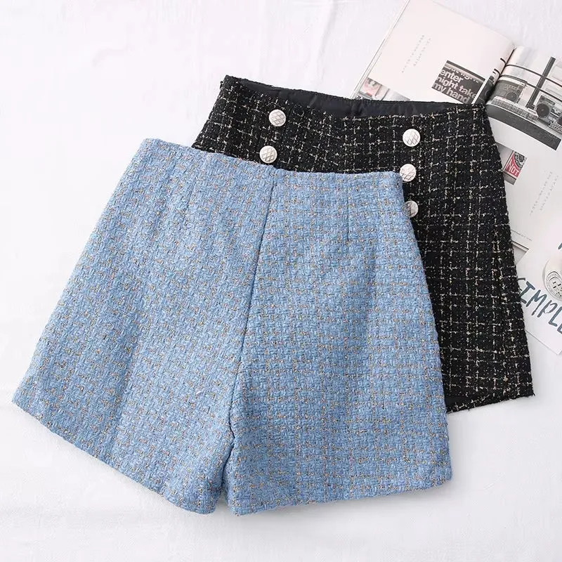 Women Vintage Tweed Waist Wide Leg Shorts