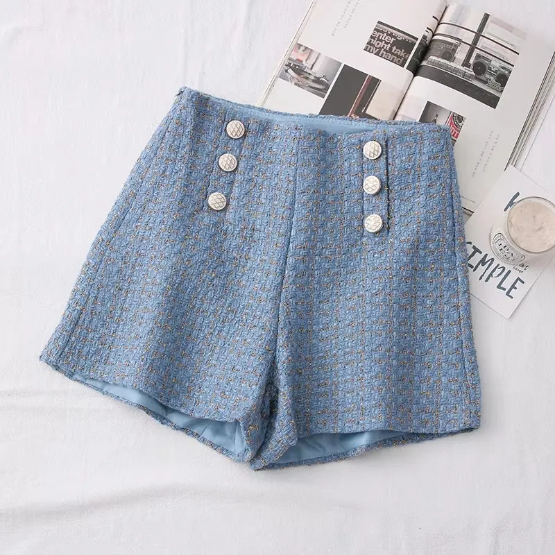 Women Vintage Tweed Waist Wide Leg Shorts