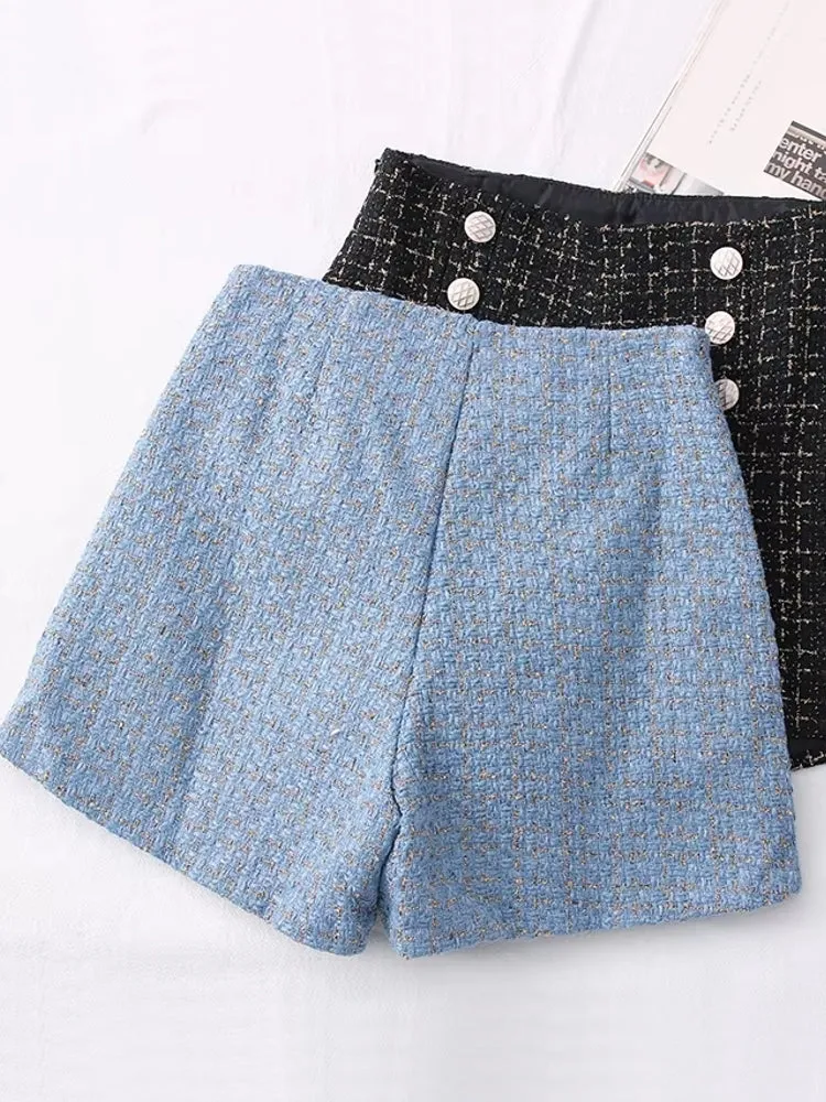 Women Vintage Tweed Waist Wide Leg Shorts
