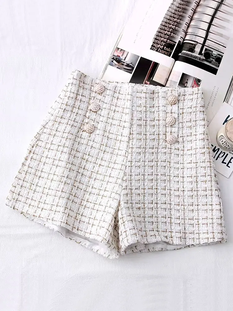 Women Vintage Tweed Waist Wide Leg Shorts