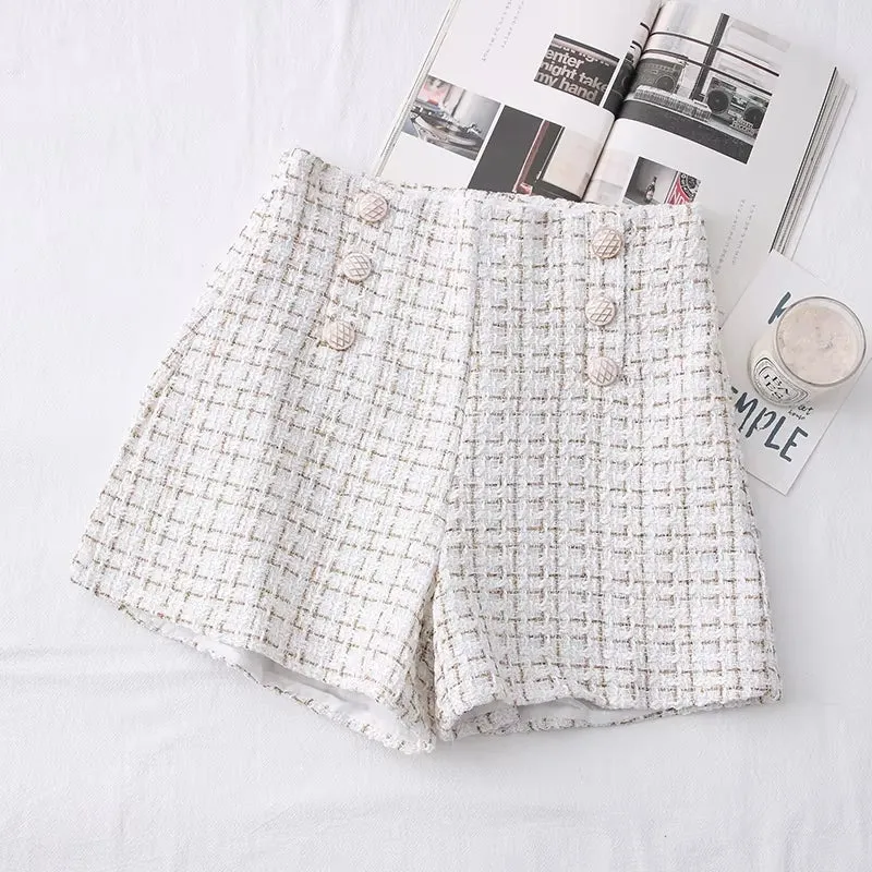 Women Vintage Tweed Waist Wide Leg Shorts