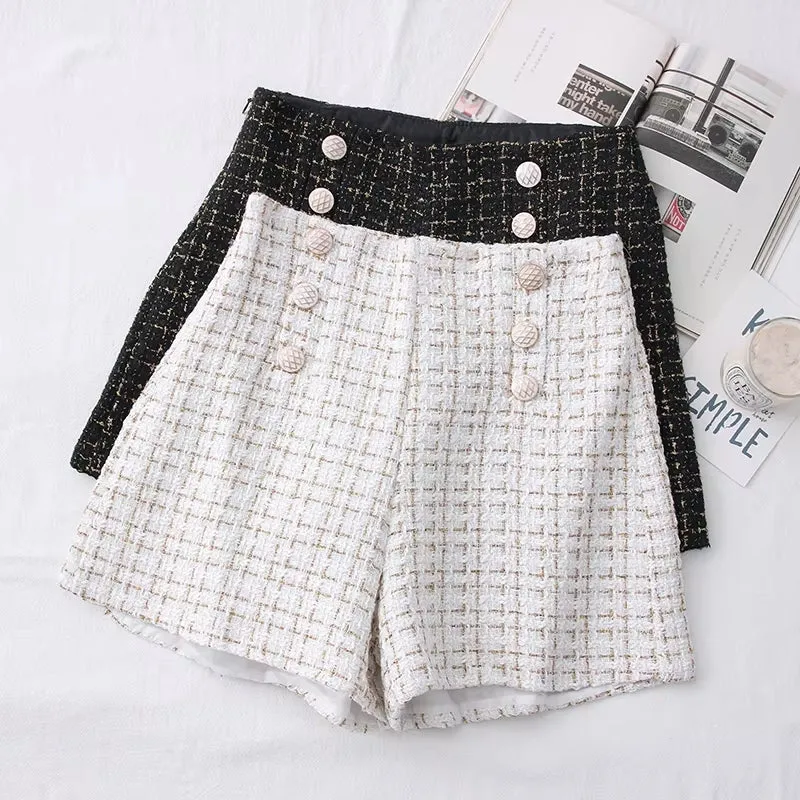 Women Vintage Tweed Waist Wide Leg Shorts