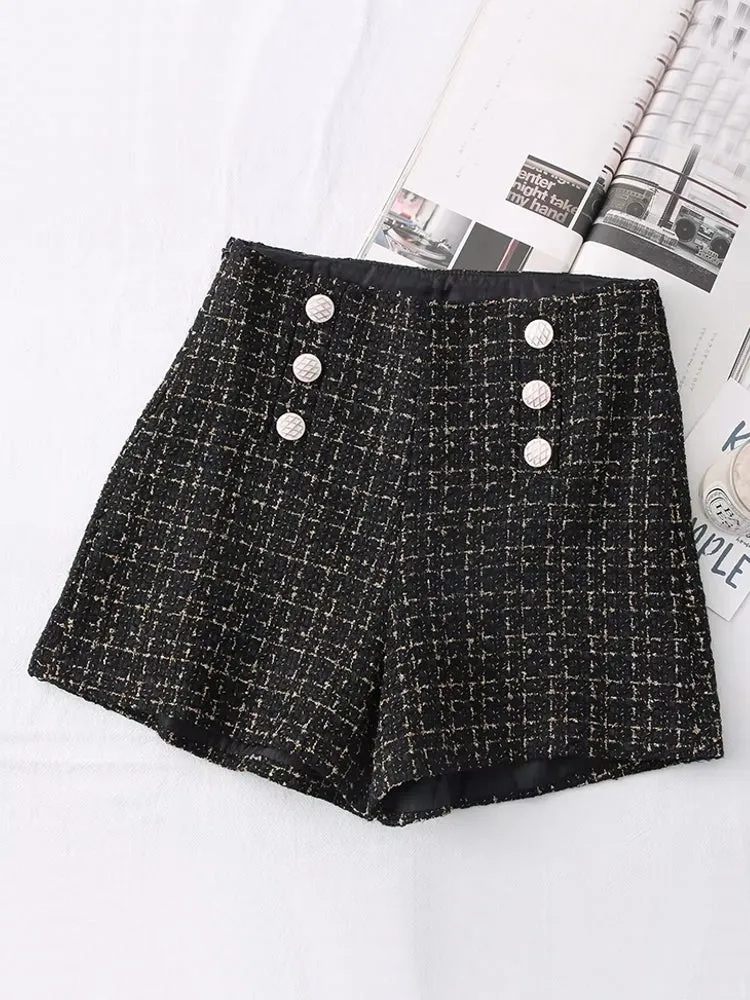 Women Vintage Tweed Waist Wide Leg Shorts