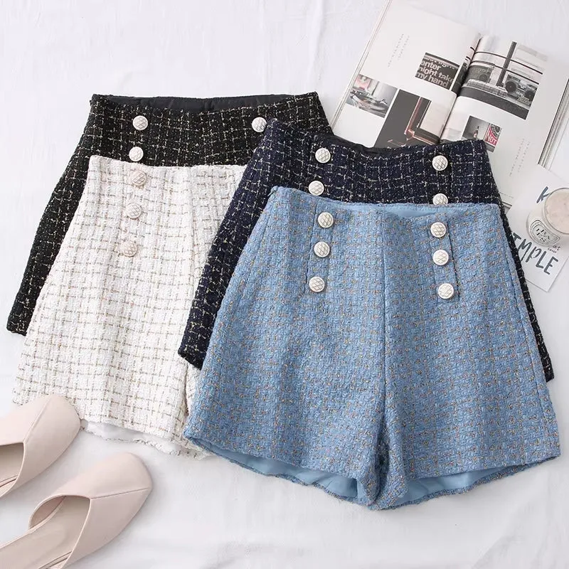 Women Vintage Tweed Waist Wide Leg Shorts