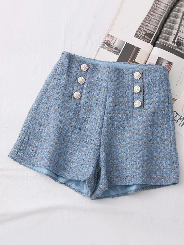 Women Vintage Tweed Waist Wide Leg Shorts