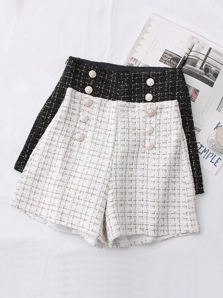 Women Vintage Tweed Waist Wide Leg Shorts