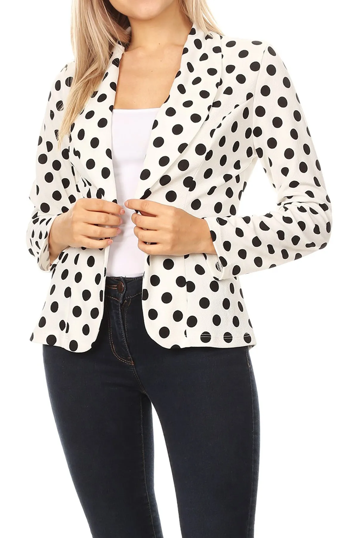 Women's Classic Polka Dot Open Front Lightweight Long Sleeve Work Office Blazer Jacket