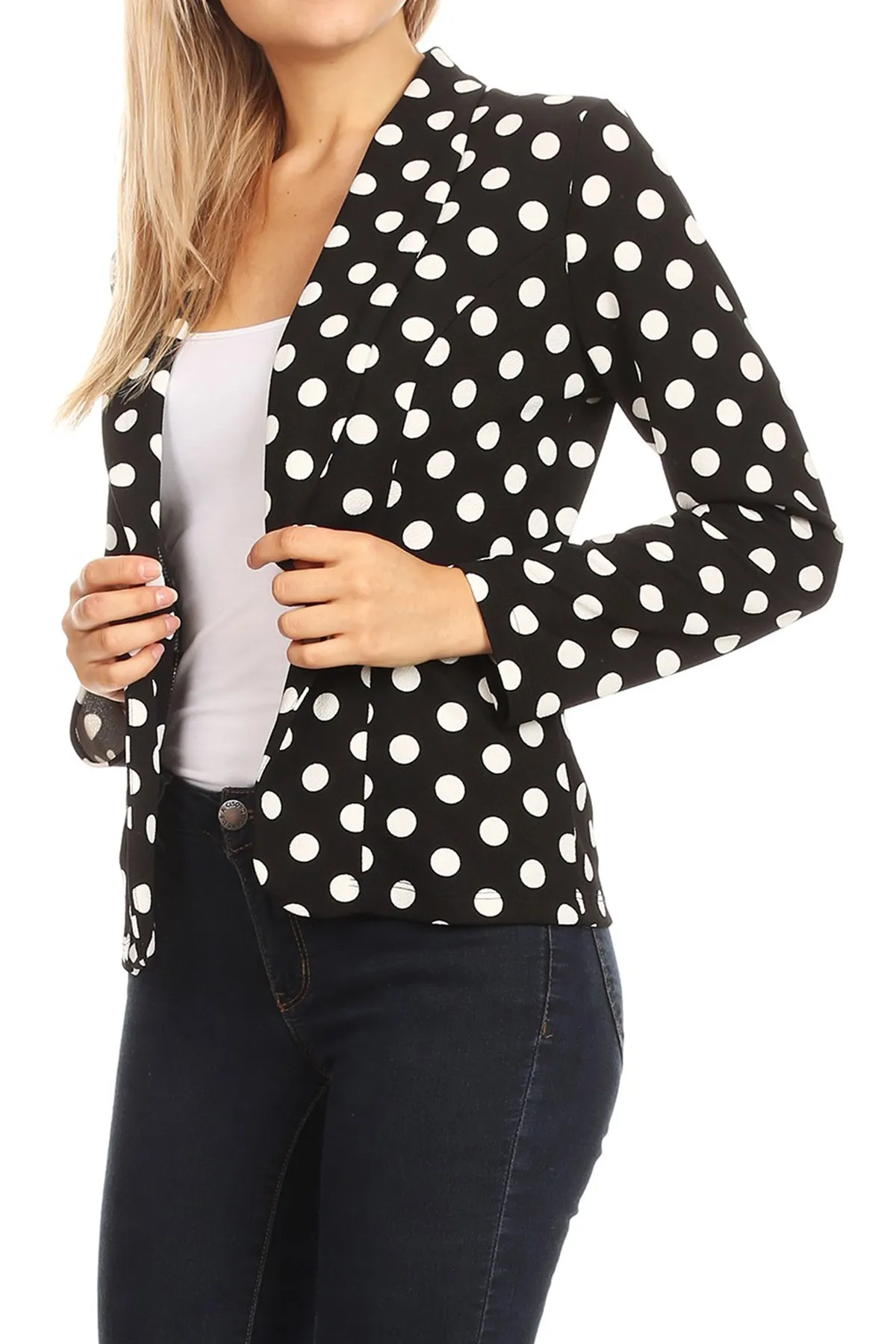 Women's Classic Polka Dot Open Front Lightweight Long Sleeve Work Office Blazer Jacket