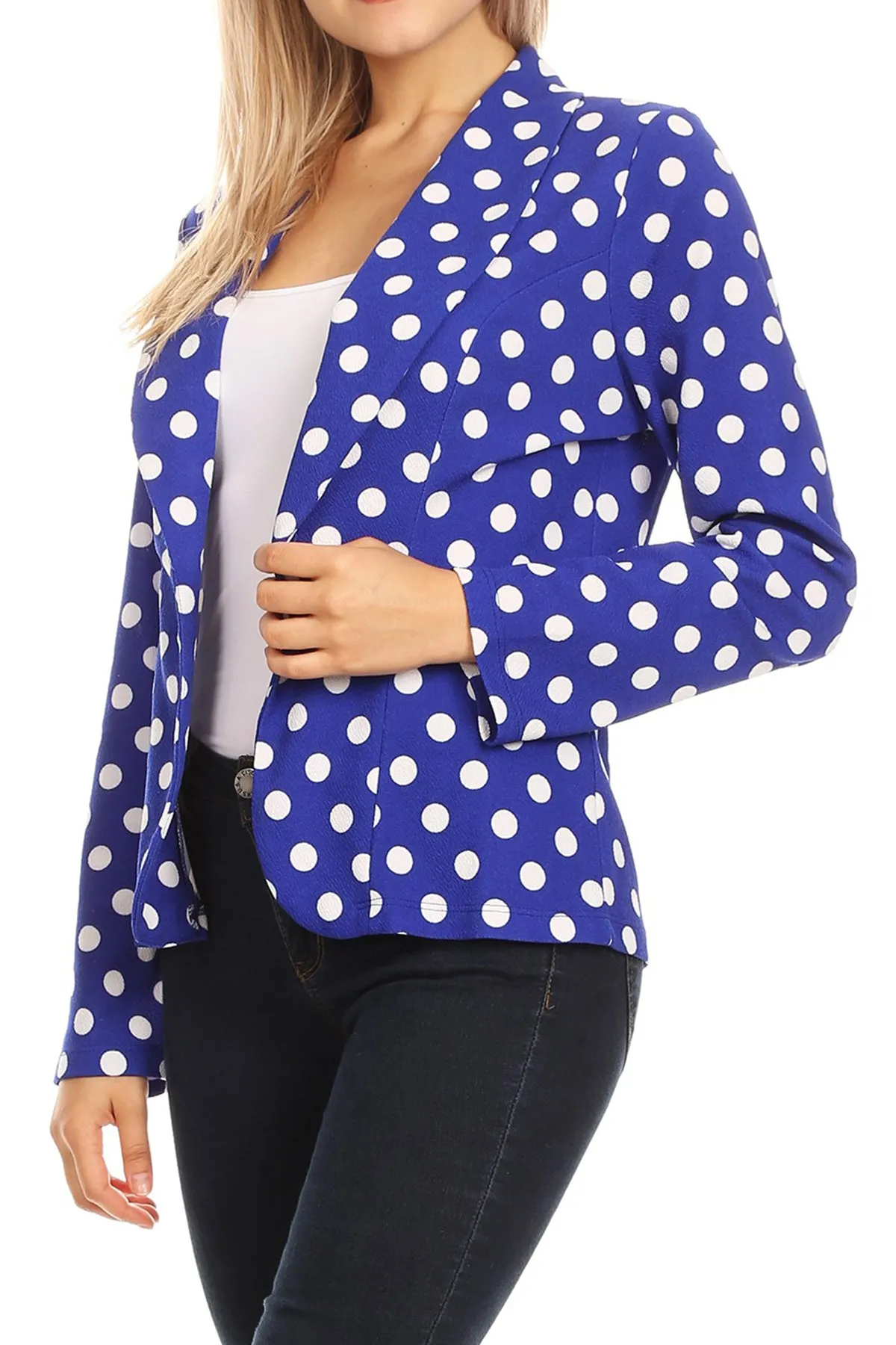 Women's Classic Polka Dot Open Front Lightweight Long Sleeve Work Office Blazer Jacket