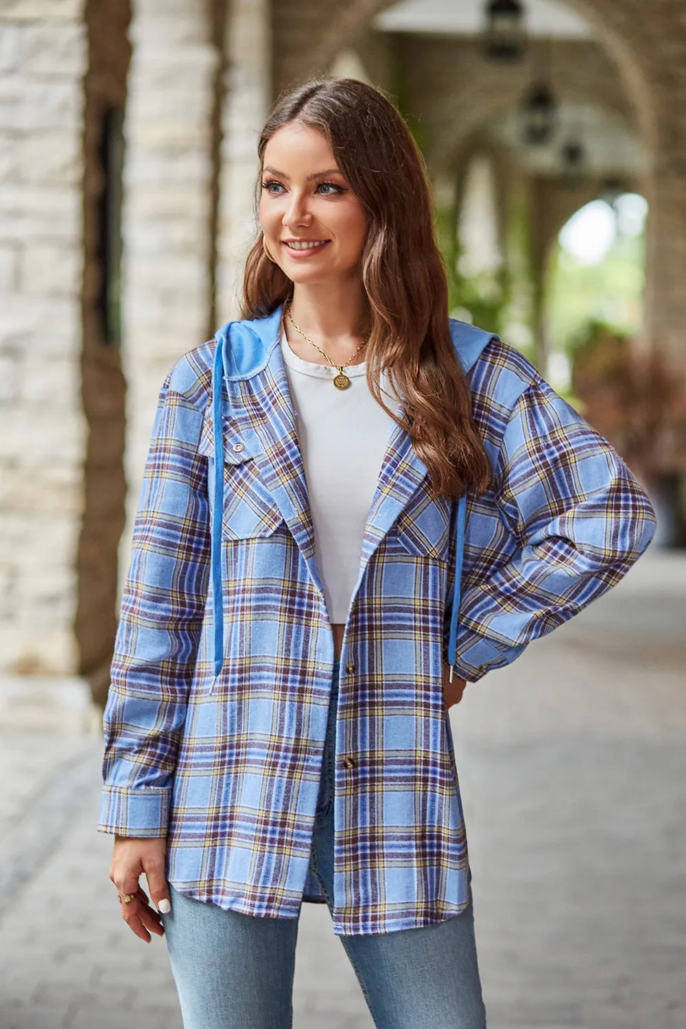 Women's Mandy Plaid Hooded Shacket with Adjustable Drawstring | Lightweight and Cozy | Perfect for Layering