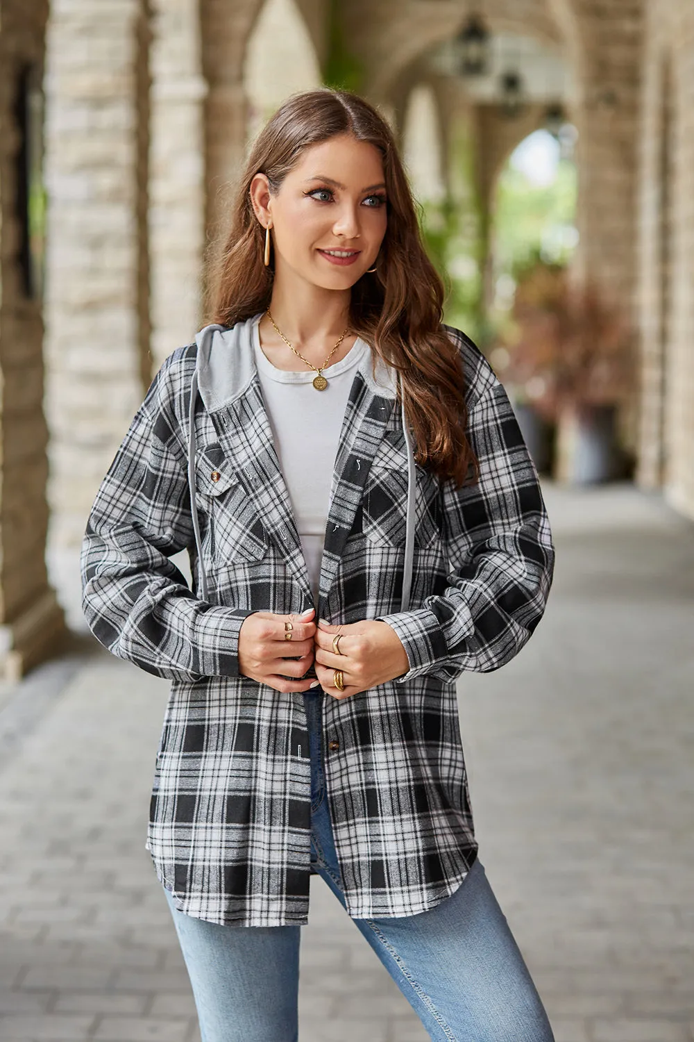 Women's Mandy Plaid Hooded Shacket with Adjustable Drawstring | Lightweight and Cozy | Perfect for Layering