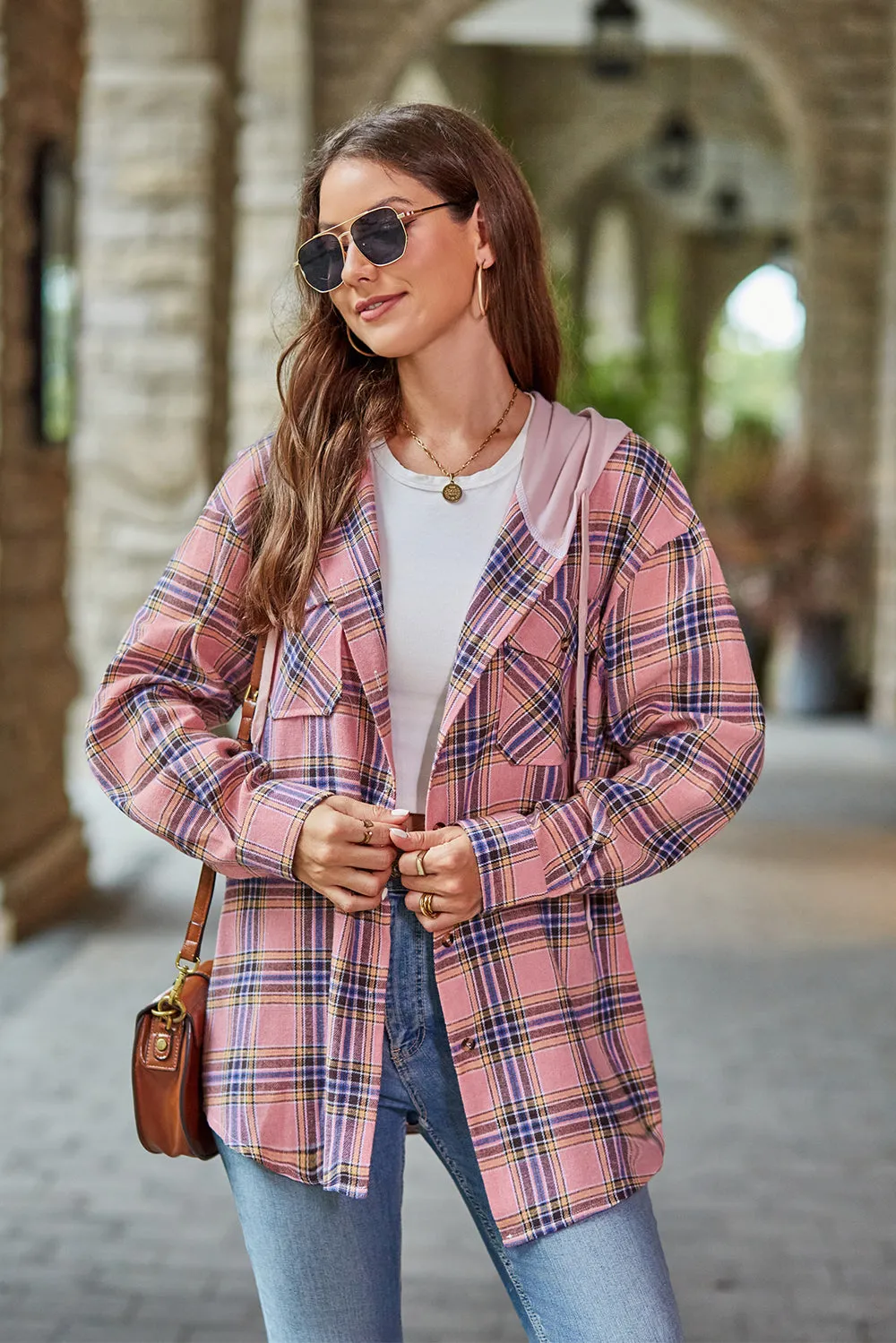 Women's Mandy Plaid Hooded Shacket with Adjustable Drawstring | Lightweight and Cozy | Perfect for Layering