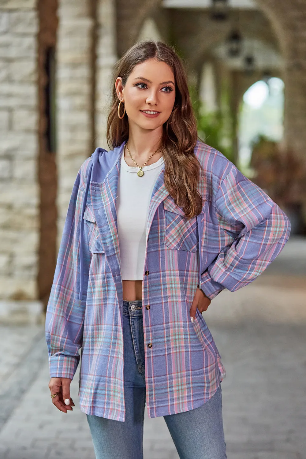 Women's Mandy Plaid Hooded Shacket with Adjustable Drawstring | Lightweight and Cozy | Perfect for Layering