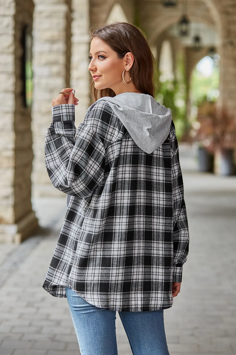 Women's Mandy Plaid Hooded Shacket with Adjustable Drawstring | Lightweight and Cozy | Perfect for Layering