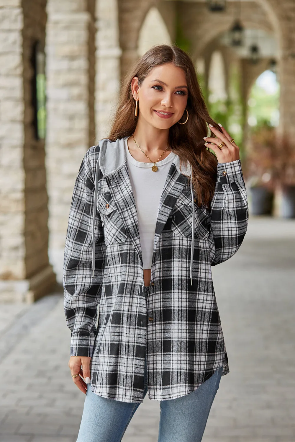 Women's Mandy Plaid Hooded Shacket with Adjustable Drawstring | Lightweight and Cozy | Perfect for Layering