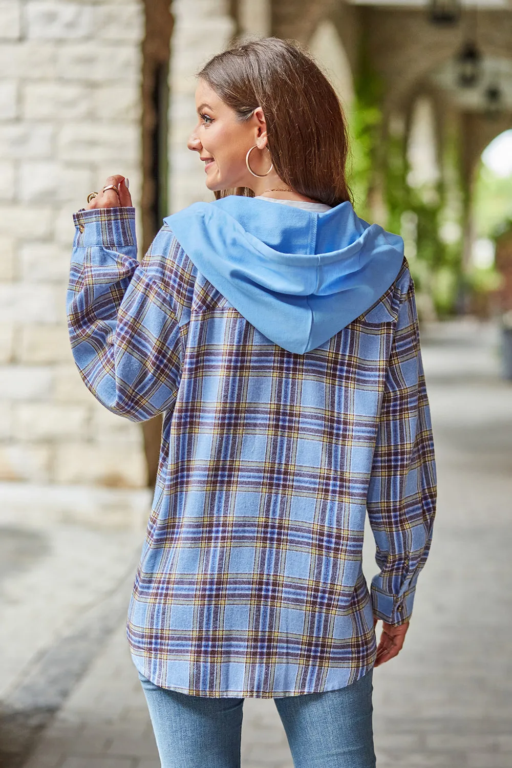 Women's Mandy Plaid Hooded Shacket with Adjustable Drawstring | Lightweight and Cozy | Perfect for Layering
