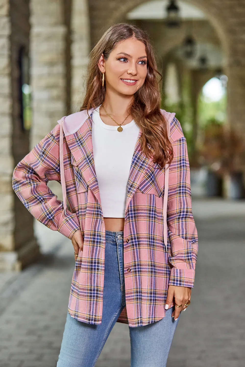 Women's Mandy Plaid Hooded Shacket with Adjustable Drawstring | Lightweight and Cozy | Perfect for Layering