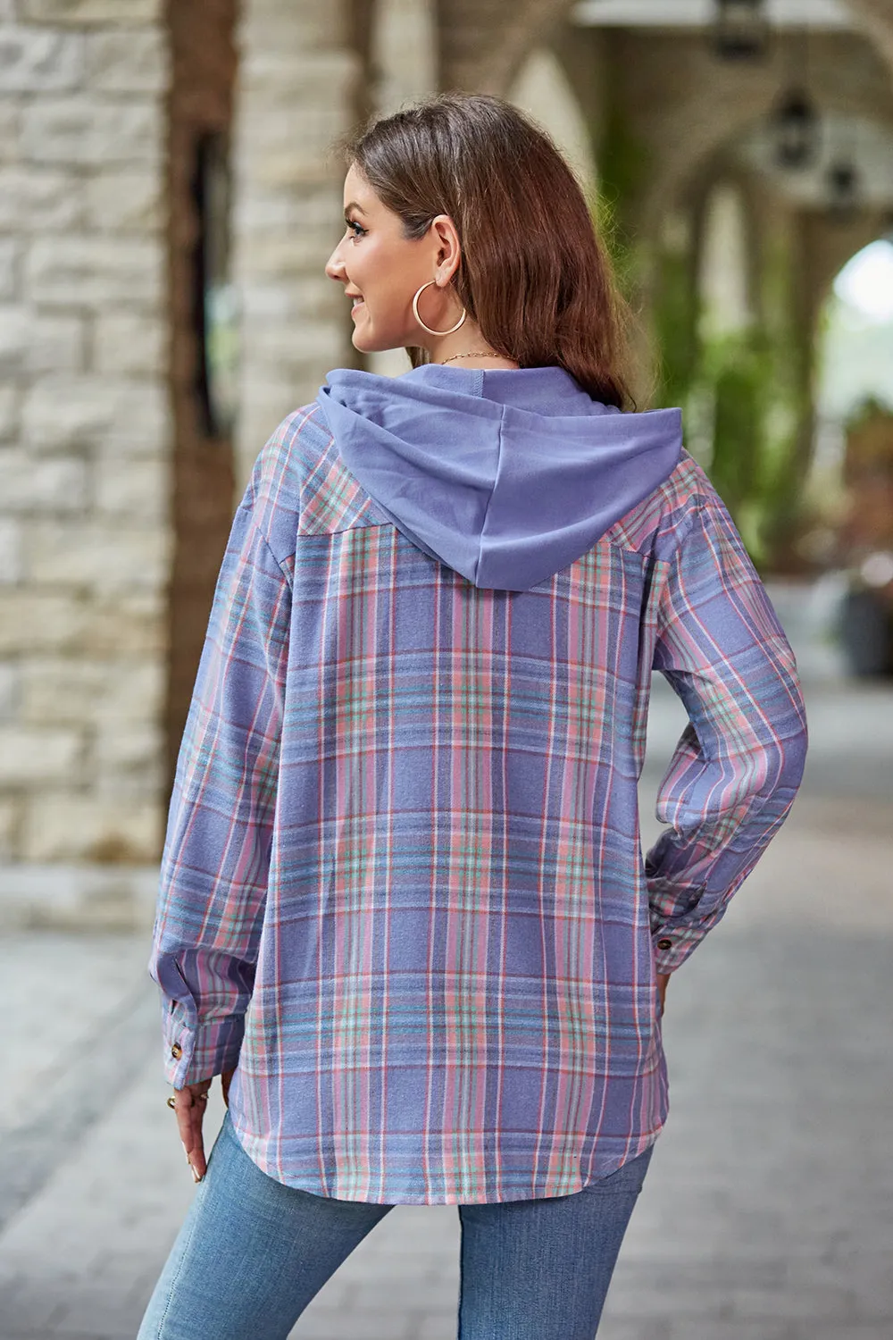 Women's Mandy Plaid Hooded Shacket with Adjustable Drawstring | Lightweight and Cozy | Perfect for Layering