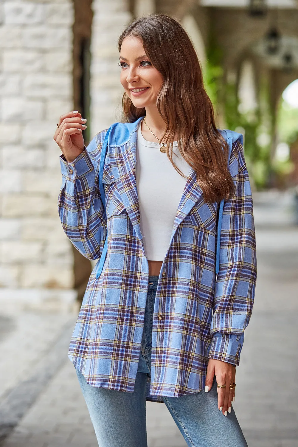 Women's Mandy Plaid Hooded Shacket with Adjustable Drawstring | Lightweight and Cozy | Perfect for Layering