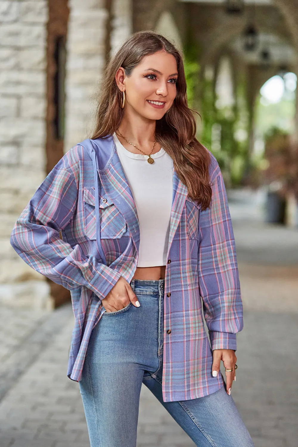Women's Mandy Plaid Hooded Shacket with Adjustable Drawstring | Lightweight and Cozy | Perfect for Layering