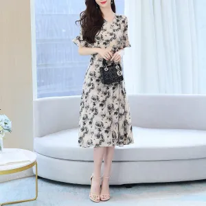 Women's Mid-Length Ruched Summer Summer Frock with Elegant Sleeves