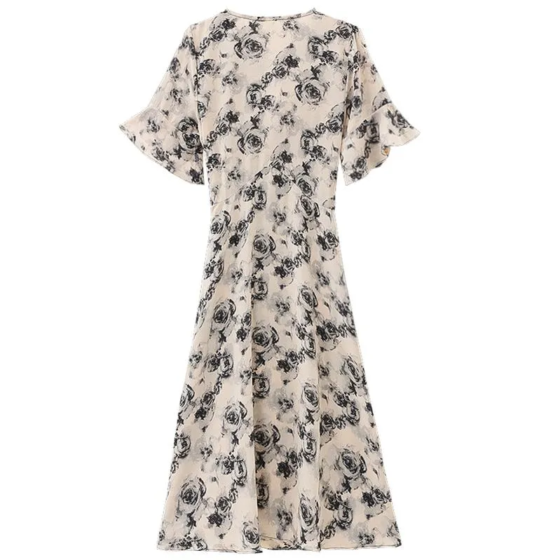 Women's Mid-Length Ruched Summer Summer Frock with Elegant Sleeves