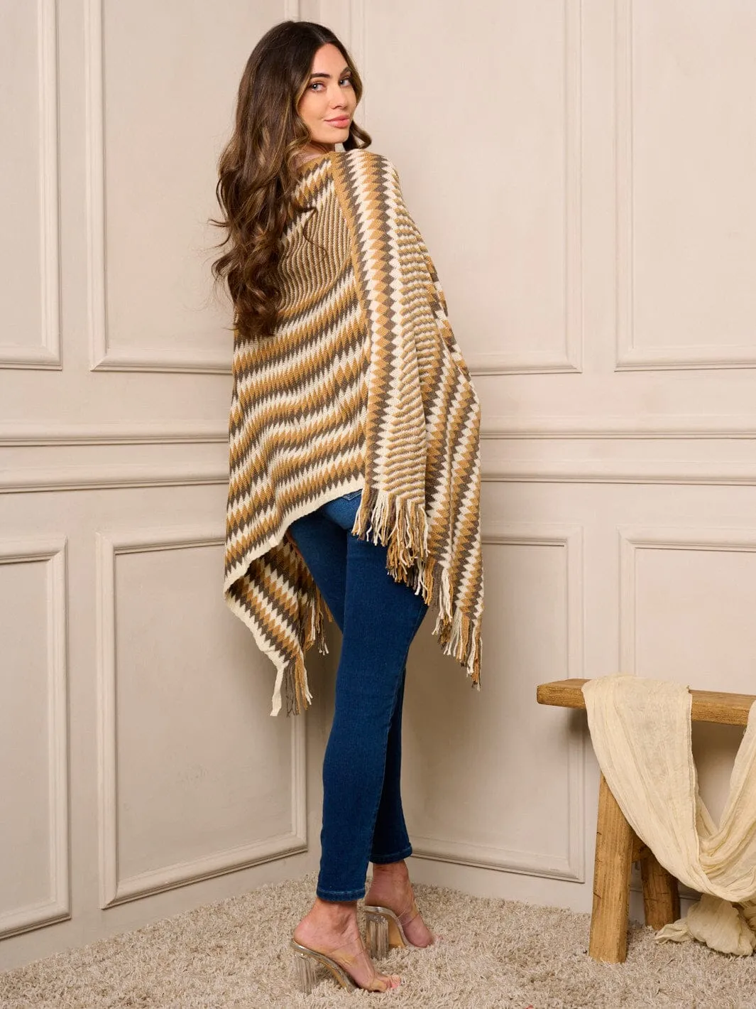 WOMENS MULTI PRINT PULLOVER COLORBLOCK PONCHO