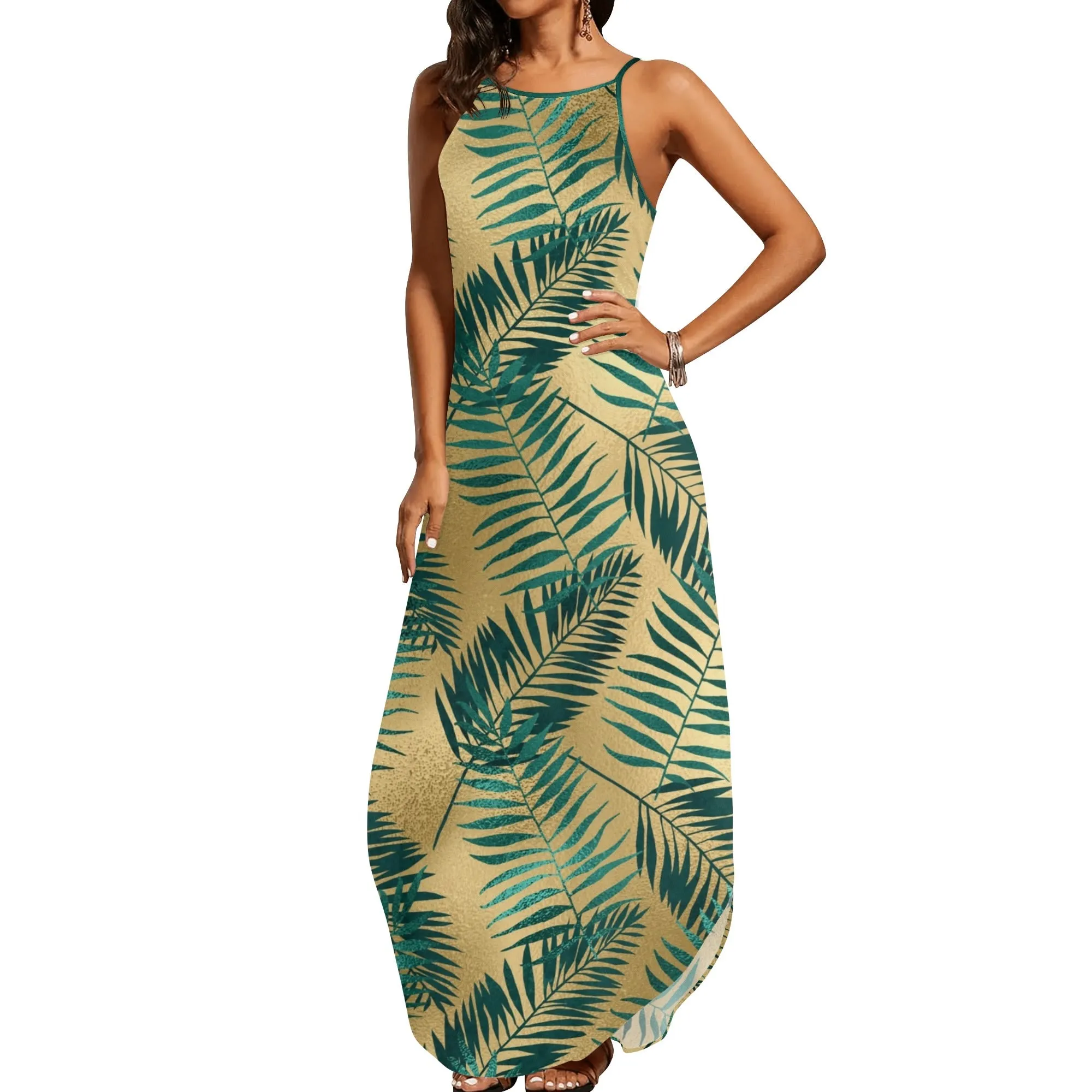 Women's Two-tone Palm Leaves Island Vibes Spaghetti Strap Long Sundress