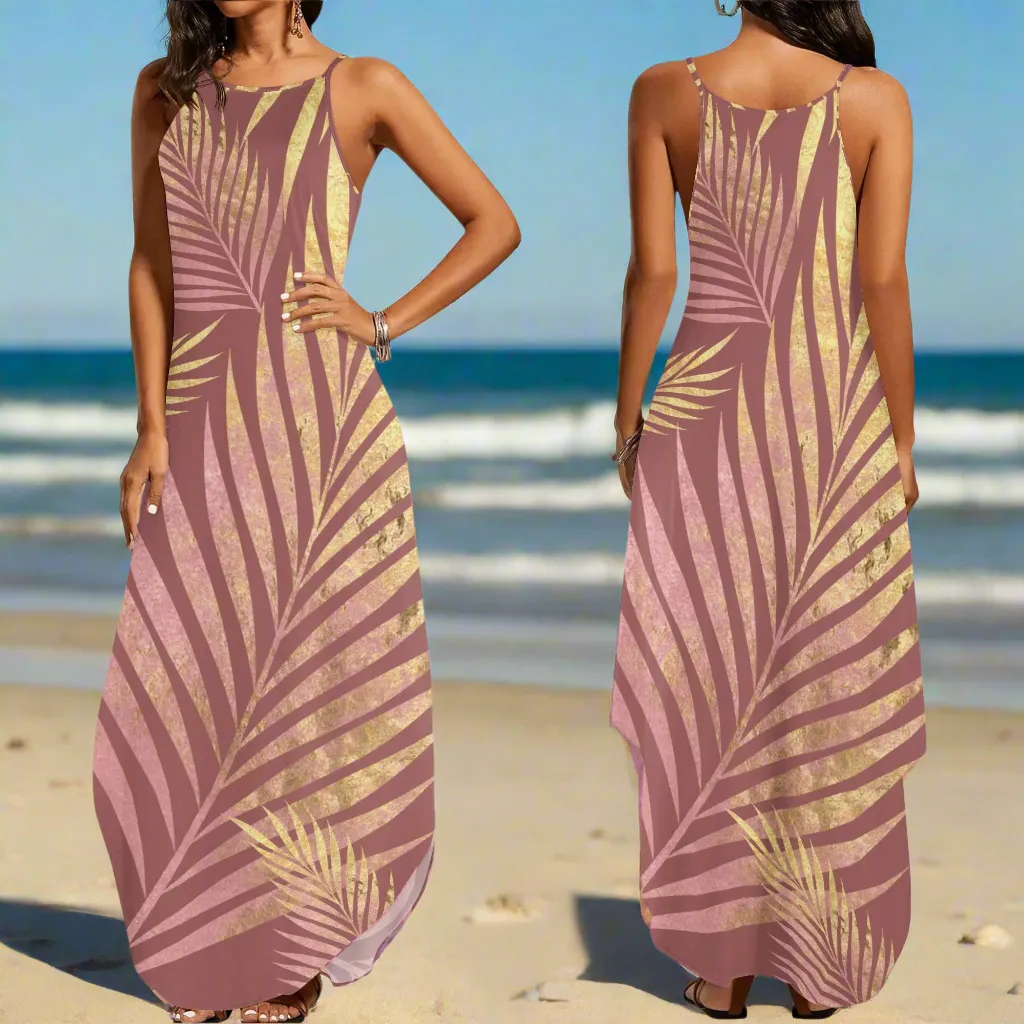 Women's Two-tone Palm Leaves Island Vibes Spaghetti Strap Long Sundress