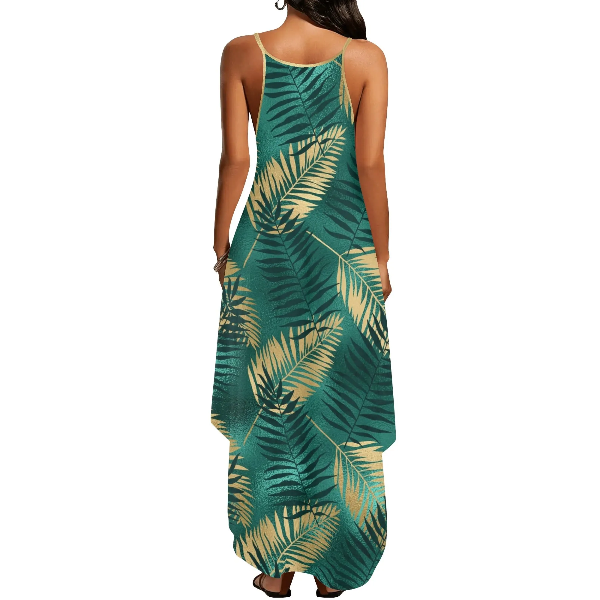 Women's Two-tone Palm Leaves Island Vibes Spaghetti Strap Long Sundress